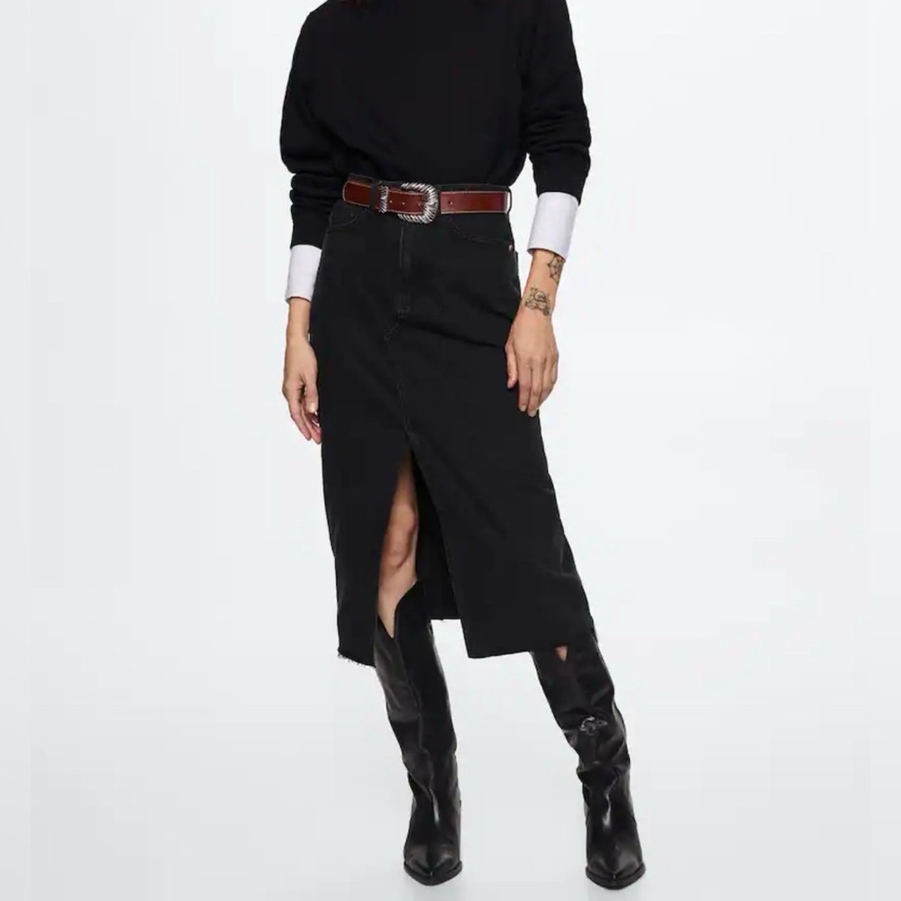 Mango Black High-Rise Pencil Denim Skirt with Front Slit